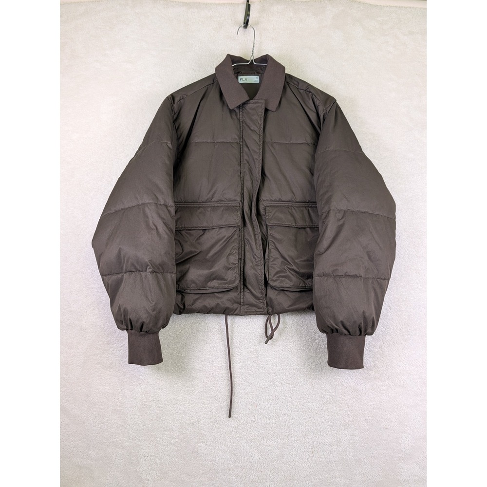 FLX Womens Brown Quilted Puffer Jacket Ribbed Collar Utility Pockets Size Medium